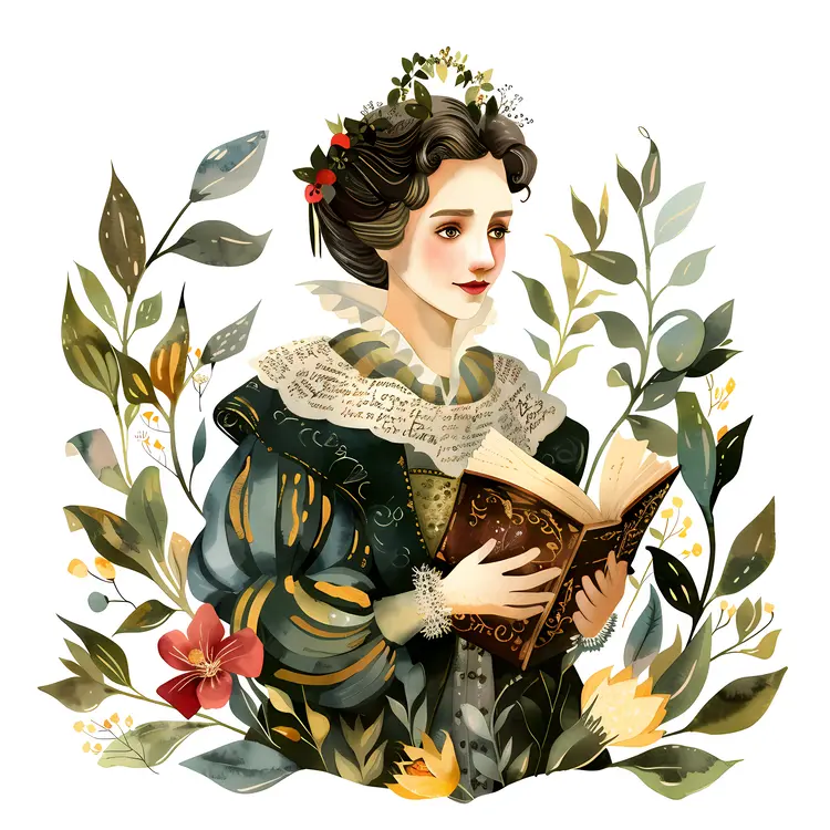 Woman Reading Book with Floral Background