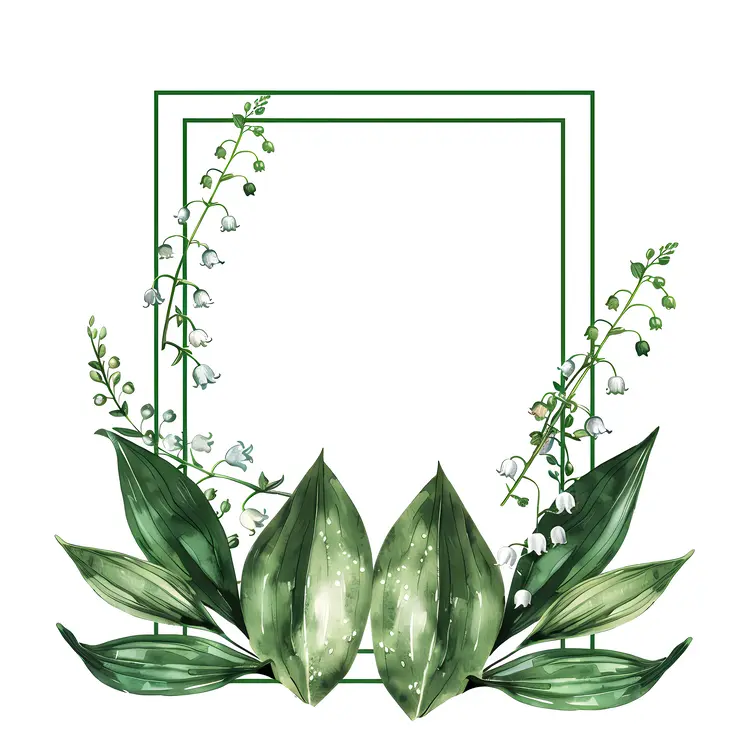 Lily of the Valley Floral Frame with Green Leaves