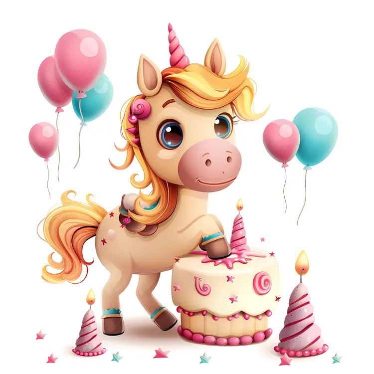 Cute Unicorn with Birthday Cake