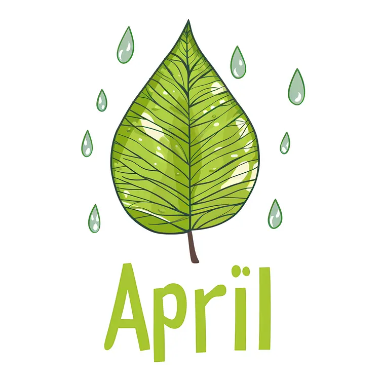 April Text with Leaf and Rain Illustration