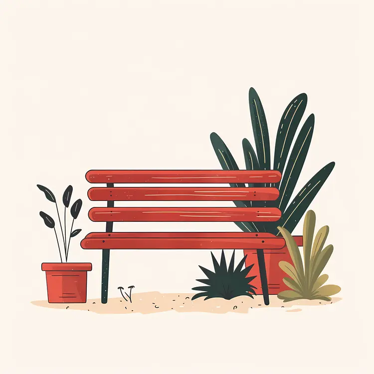 Red Bench with Greenery
