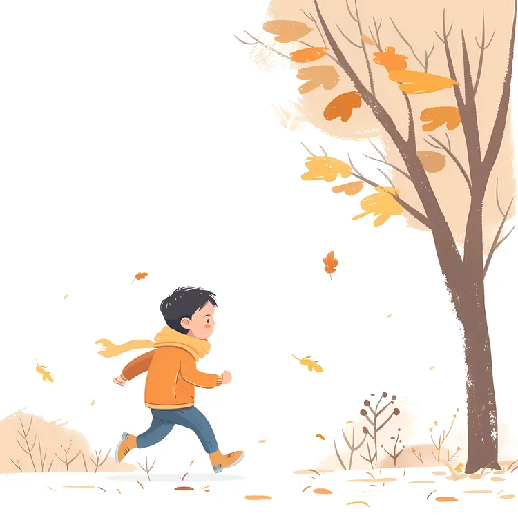 Boy Running by a Tree in Autumn