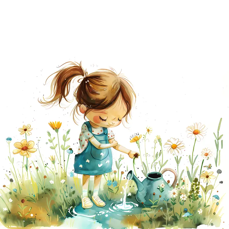 Little Girl Watering Flowers