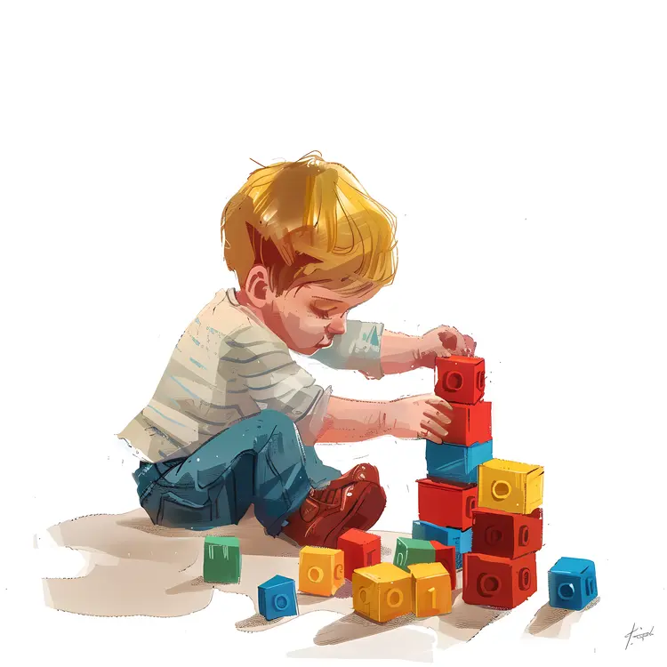 Child Playing with Colorful Building Blocks