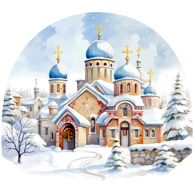 Snowy Church with Blue Domes