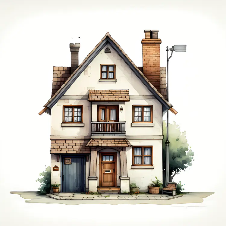 Small cute doodle house with plants and street lamp