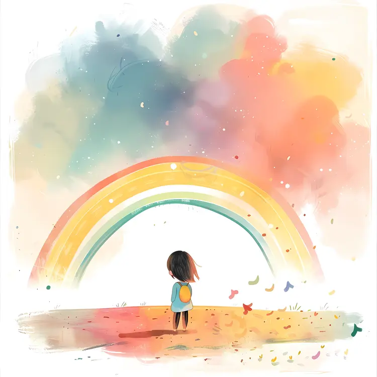 Child Looking at Rainbow in Dreamy Sky