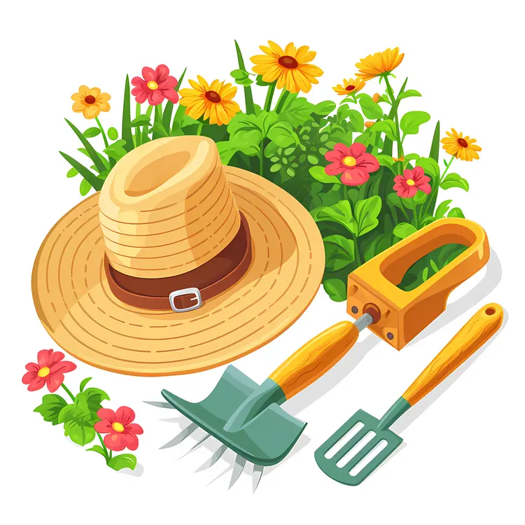 Gardening Tools and Flowers in Spring
