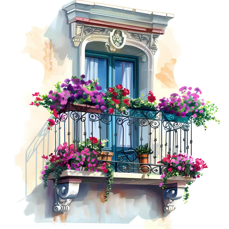 Vintage Balcony with Blooming Flowers