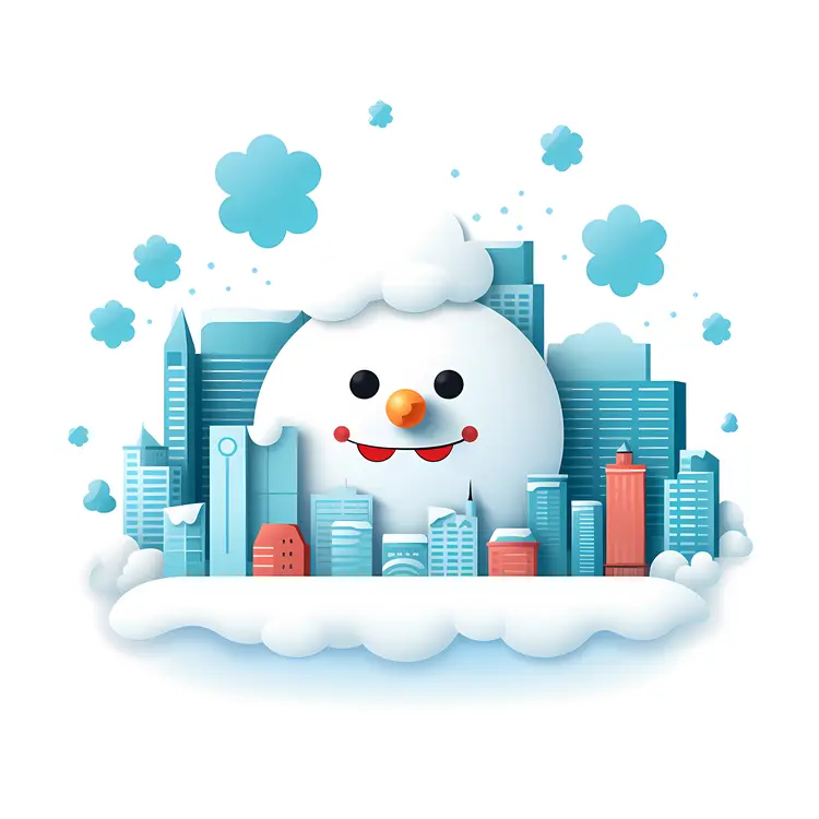 Snowman Overlooking Cityscape