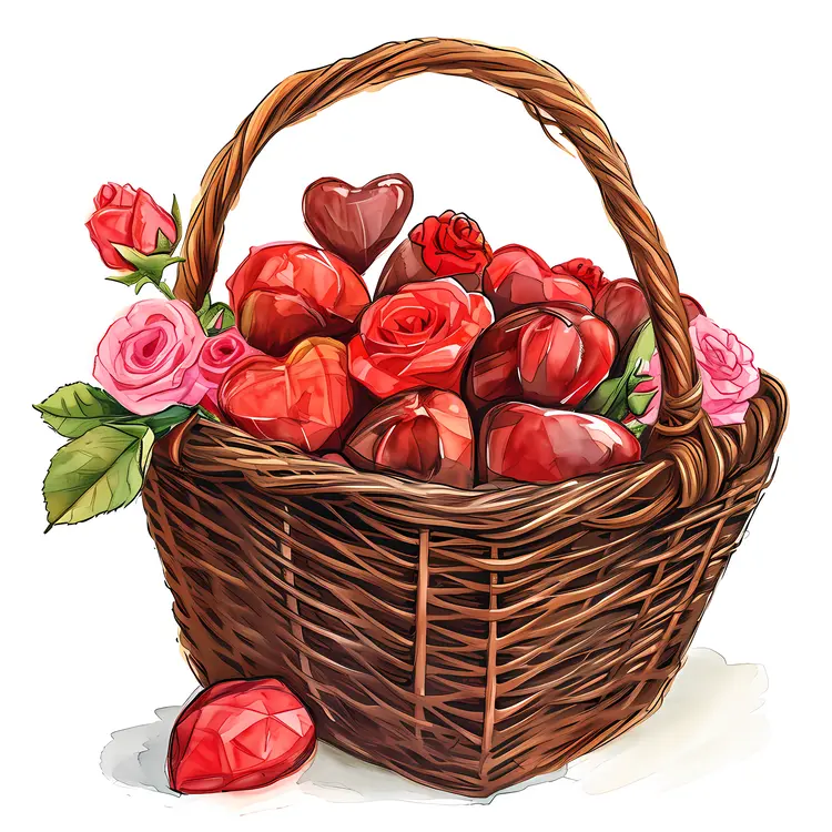 Hearts and Roses in Brown Basket for Valentine's Day