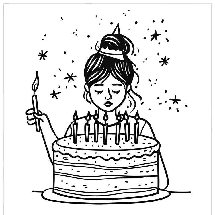 Girl with Birthday Cake and Party Hat