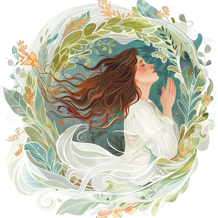 Peaceful Woman Praying Surrounded by Leaves