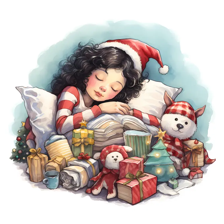 Sleeping Girl with Christmas Presents and Dog