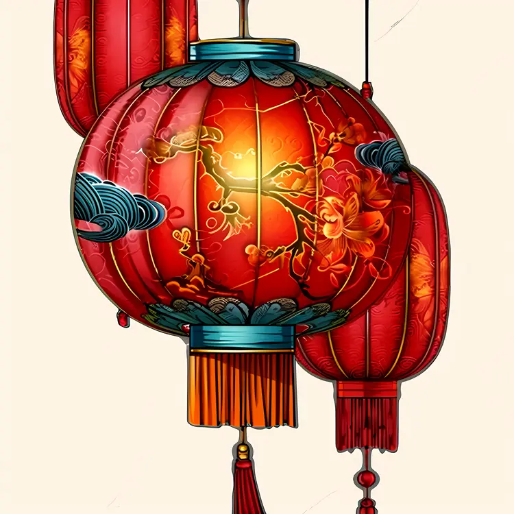 Illuminated Red Chinese Lantern with Floral Patterns