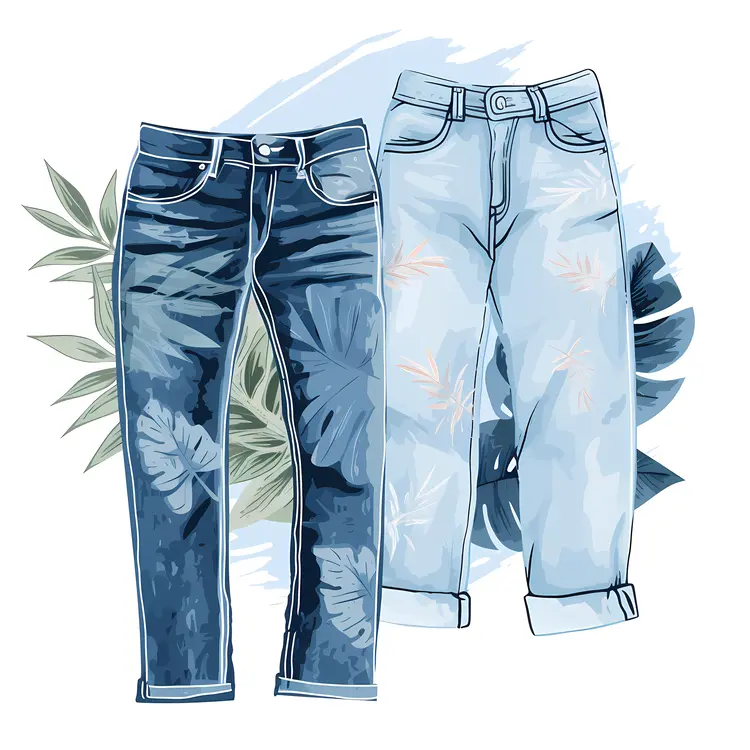 Blue and Light Blue Jeans with Leaf Background