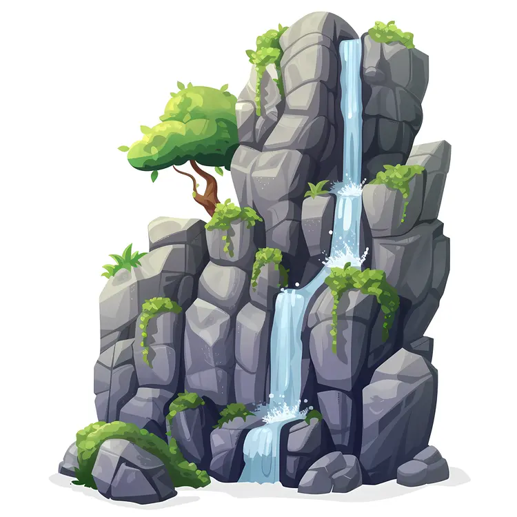 Beautiful Waterfall with Rocks and Tree
