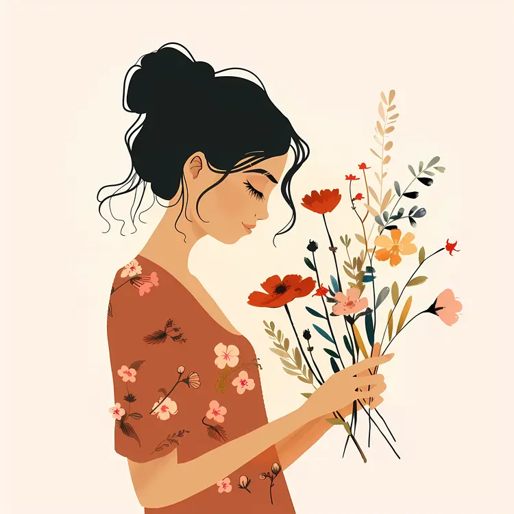 Girl Holding Flowers Illustration