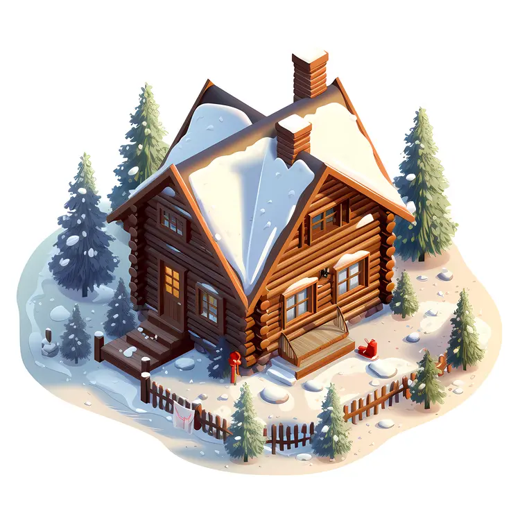 Snowy Log House with Trees