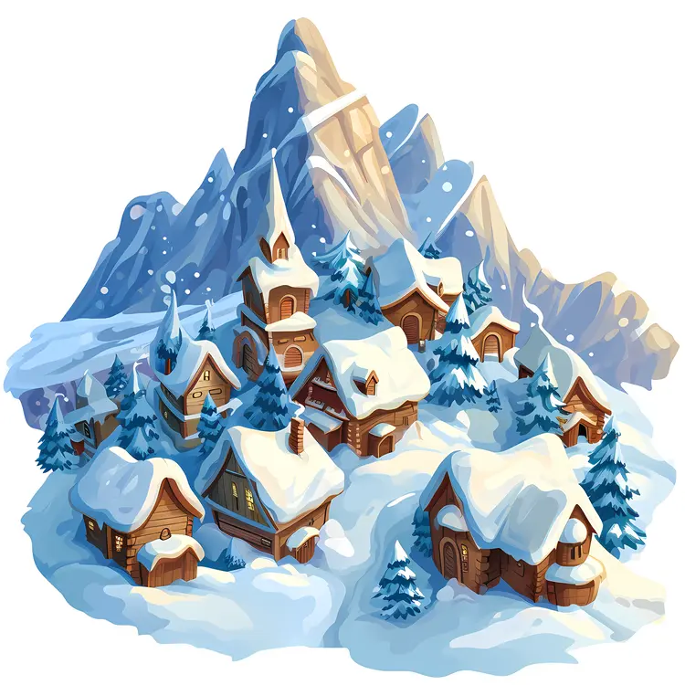 Snowy Village with Mountains