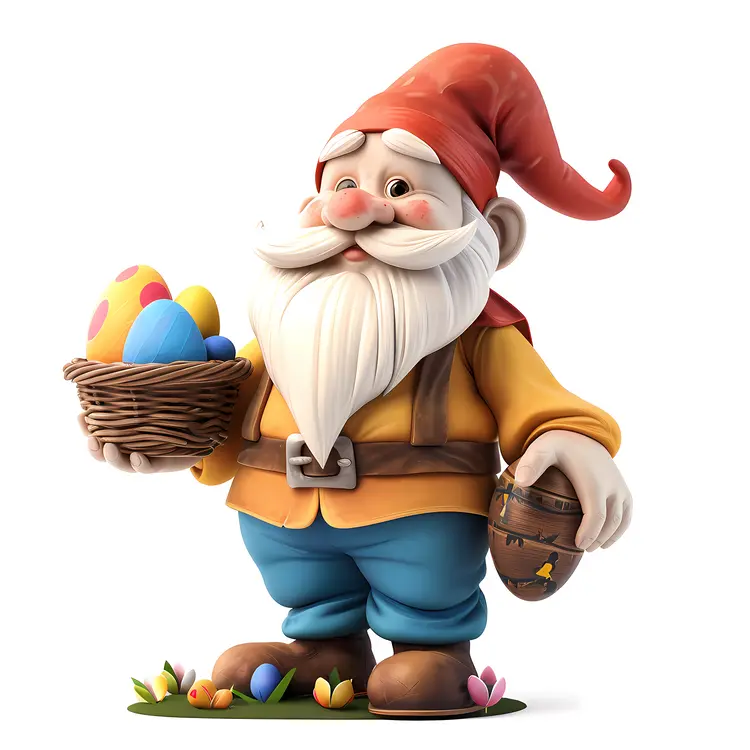 Gnome Holding Easter Basket with Colorful Eggs