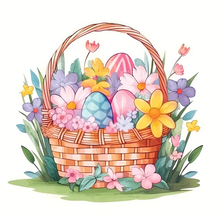 Colorful Easter Basket with Eggs and Flowers