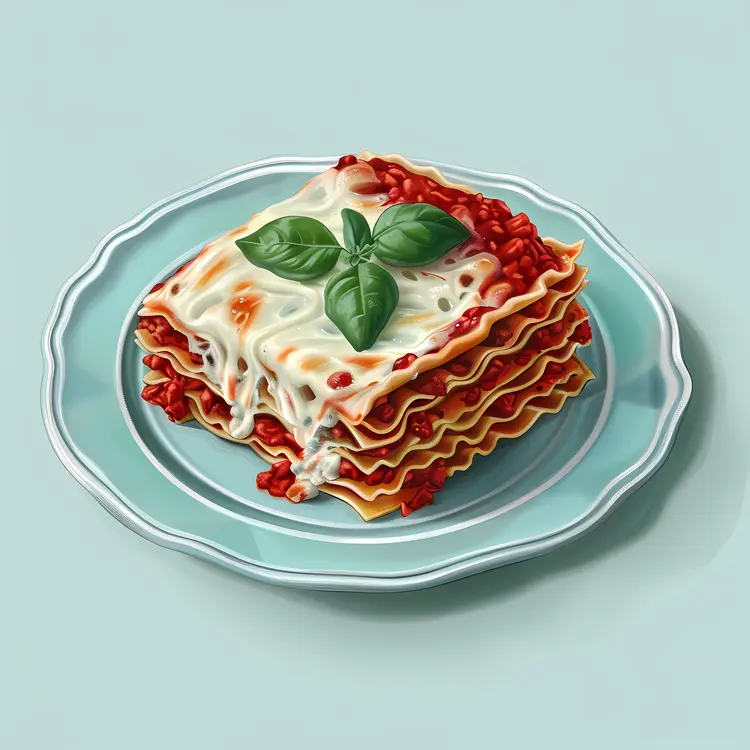 Lasagna with Fresh Basil on a Blue Plate