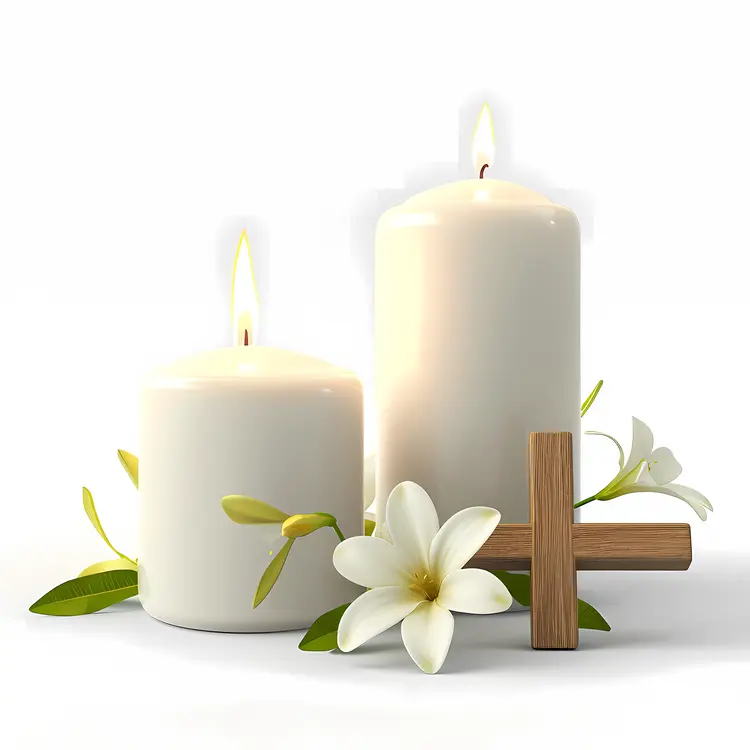 White Candles with Cross and Flowers