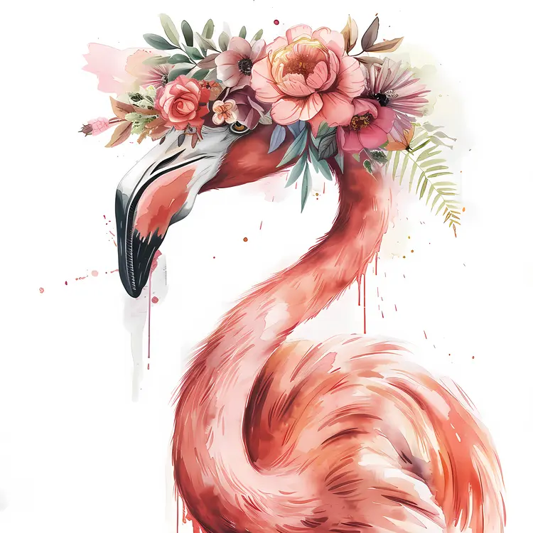 Flamingo with Flower Crown Watercolor Art