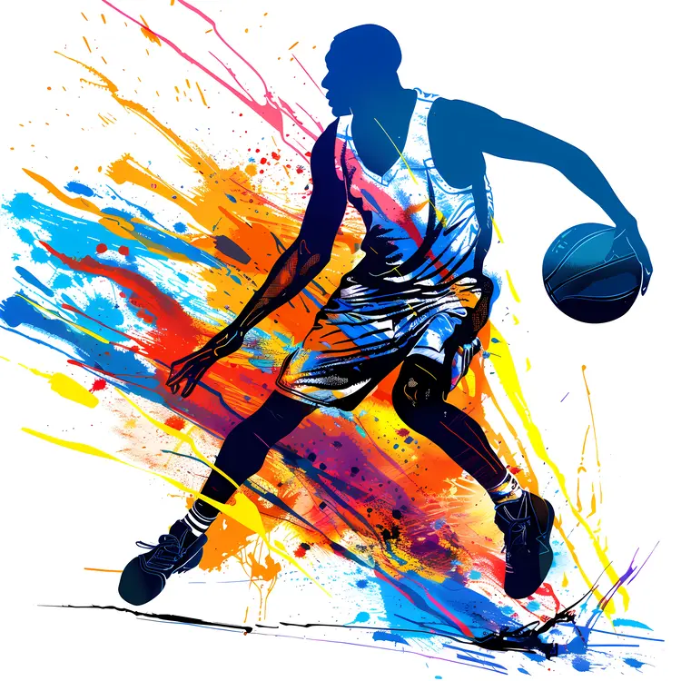 Basketball Player Dribbling in Colorful Splash