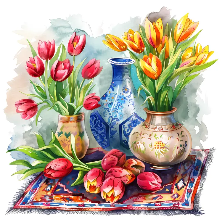 Vases with Tulips on a Rug