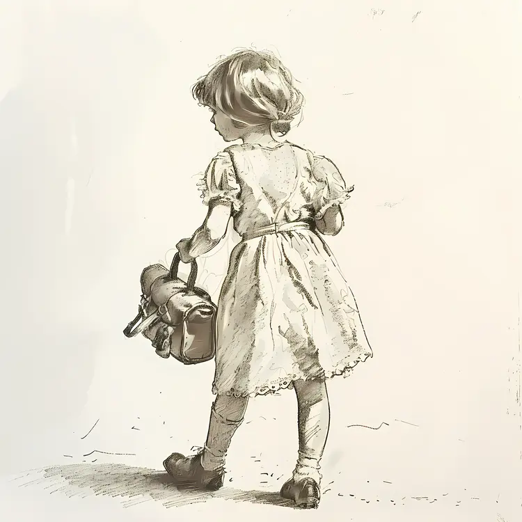 Little Girl with Backpack in Vintage Dress
