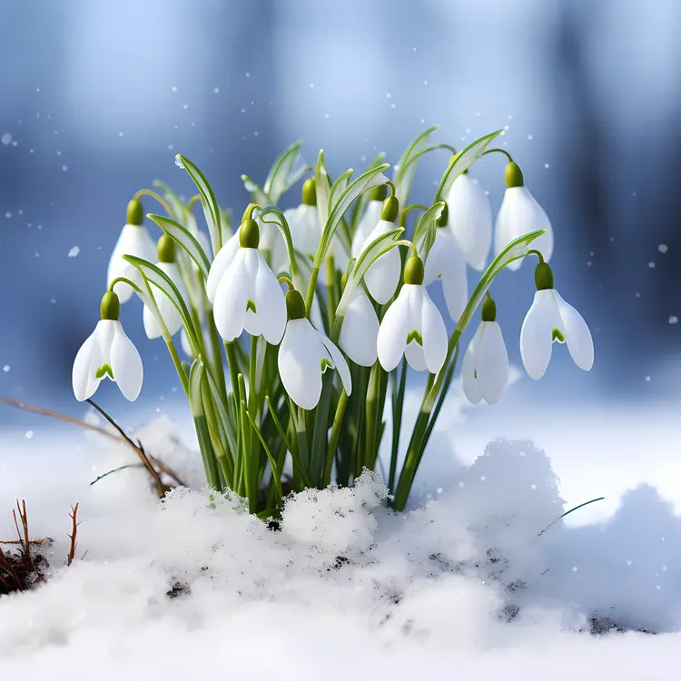 White Snowdrops in Winter Snow