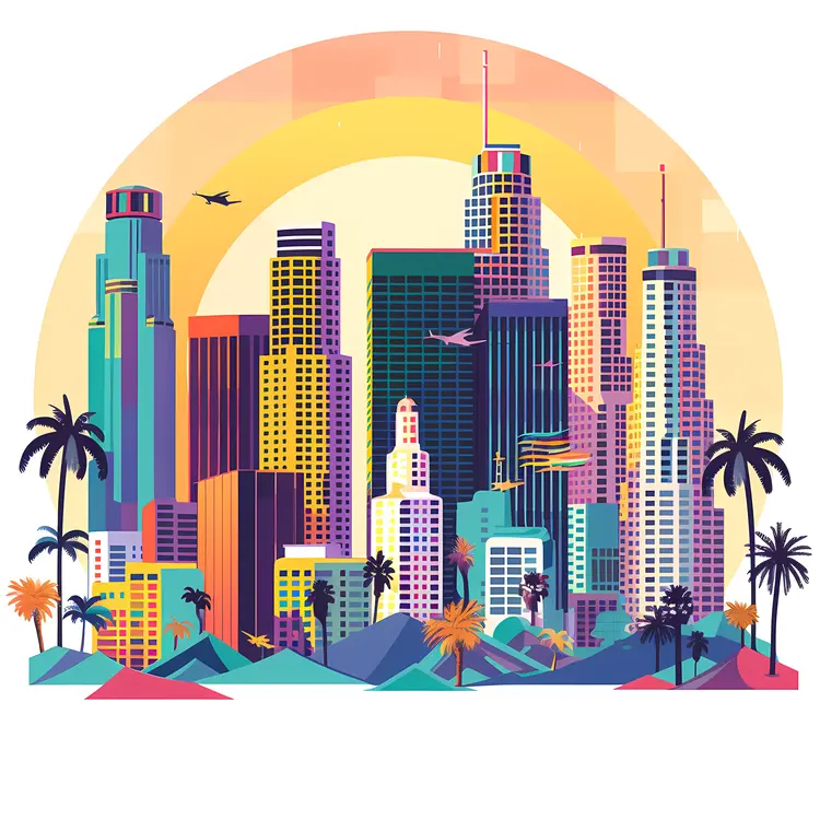Colorful Cityscape with Skyscrapers and Sunset