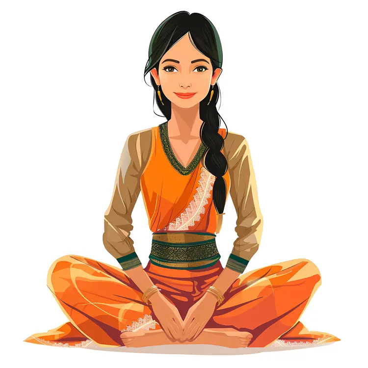 Woman in Traditional Orange Dress Sitting Cross-Legged