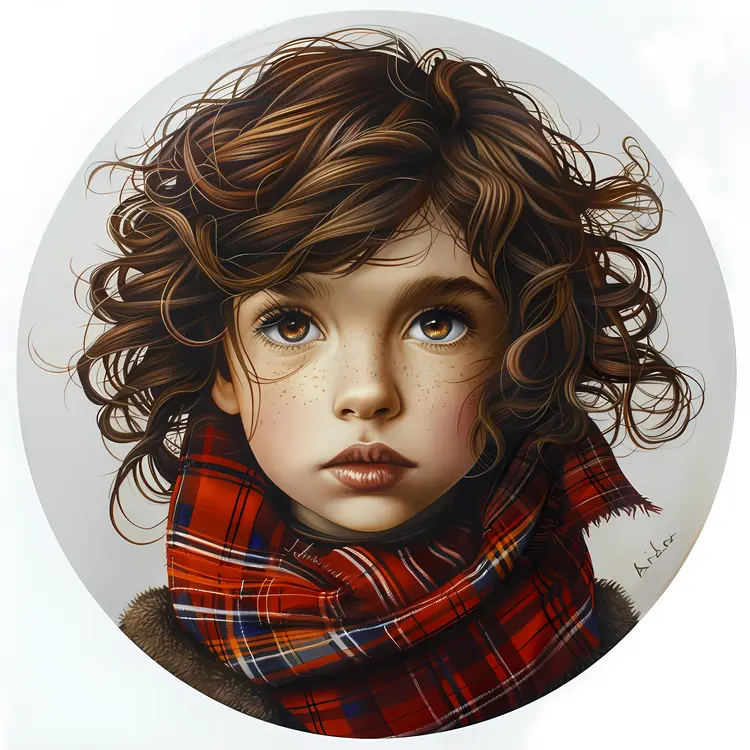 Child with curly hair and plaid scarf
