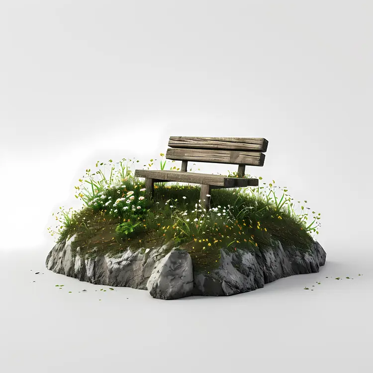 Wooden Bench on Rock with Flowers