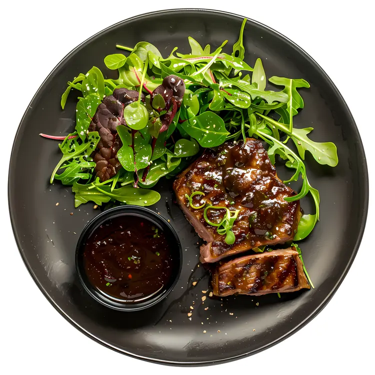 Grilled Steak with Fresh Greens on Black Plate