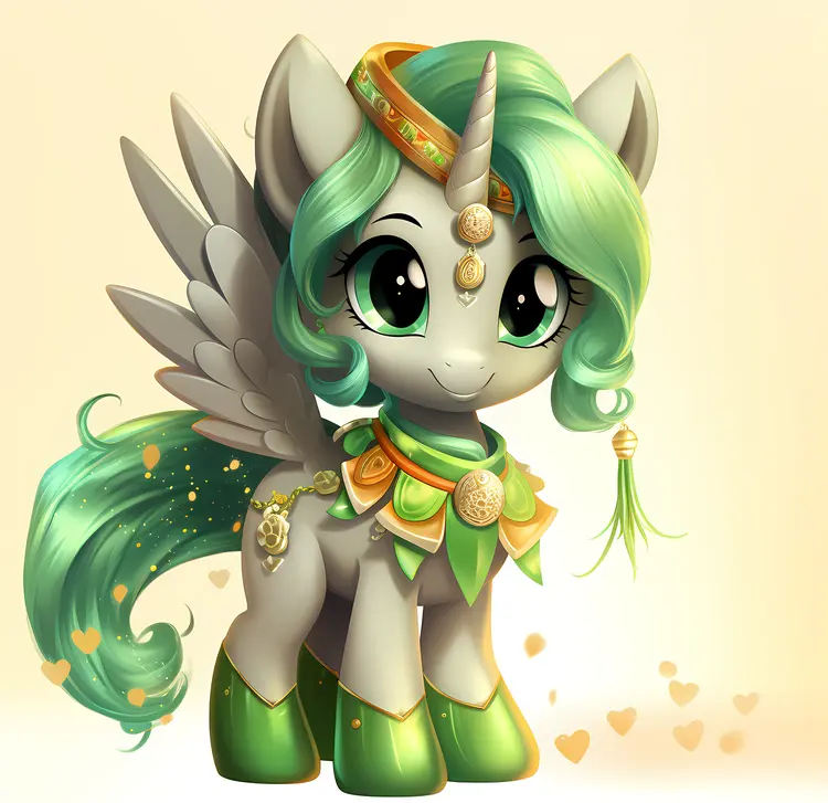 Cute Unicorn with Green Mane and Golden Accessories