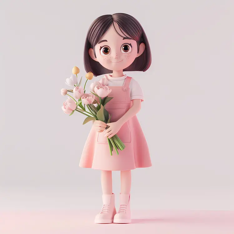 3D Girl in Pink Dress Holding Flowers