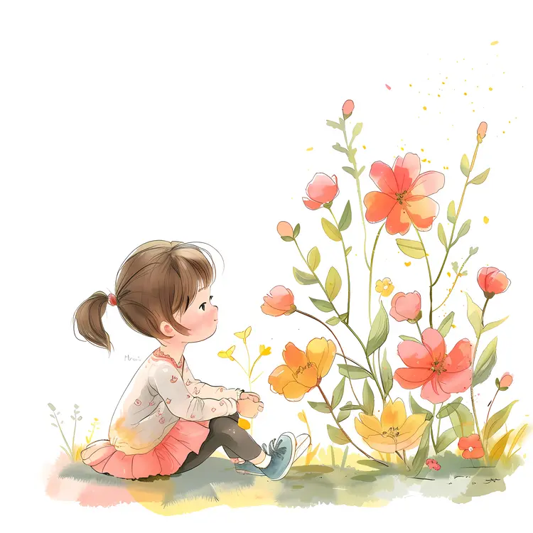 Girl Sitting with Flowers Illustration