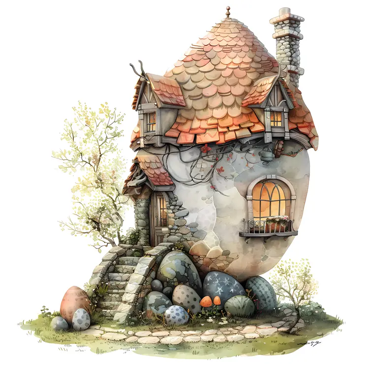 Stone Fantasy House with Eggs and Stairs
