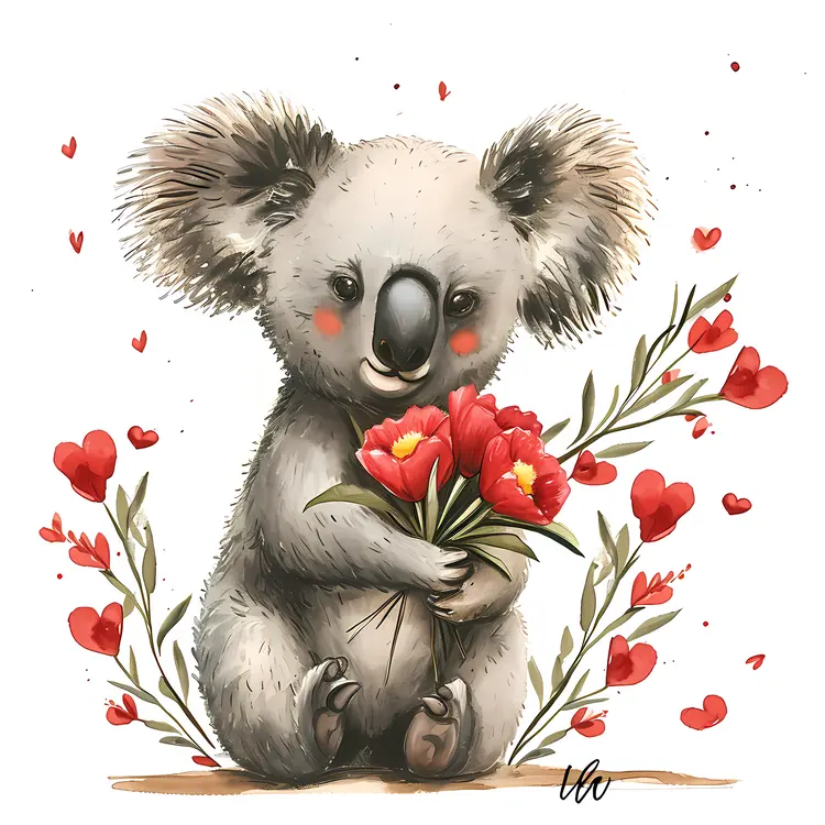 Cute Koala Holding Flowers with Hearts