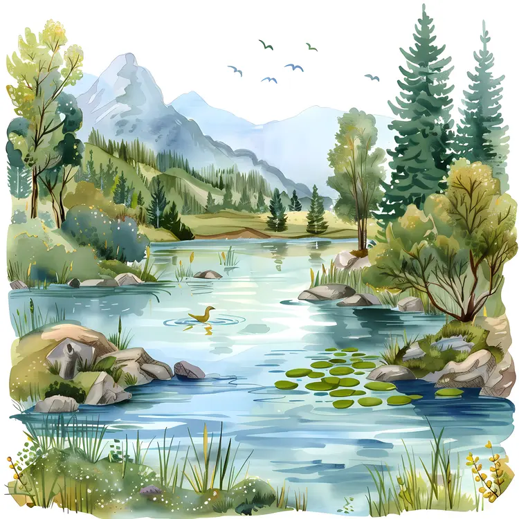 Tranquil Lake with Ducks and Mountains