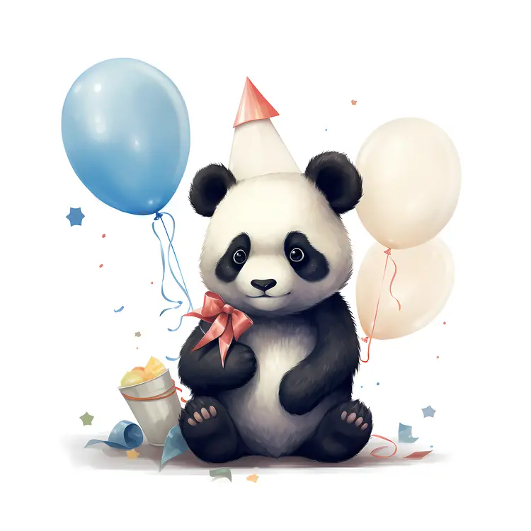 Cartoon Panda with Party Hat and Balloons