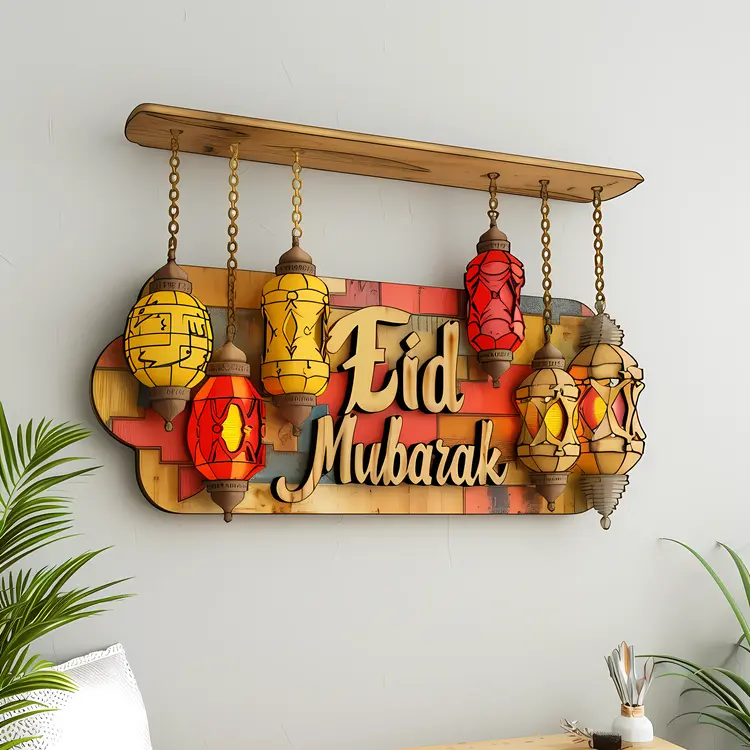 Eid Mubarak Sign with Colorful Lanterns