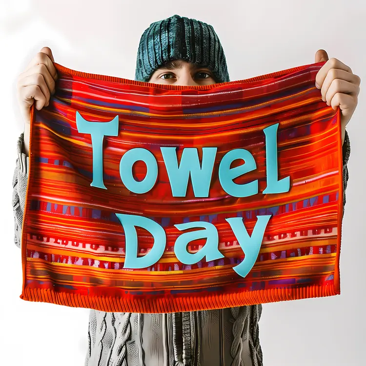 Red Towel with Towel Day Text
