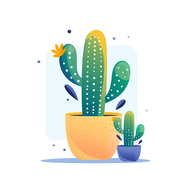Green Cactus in Yellow Pot with Small Cactus