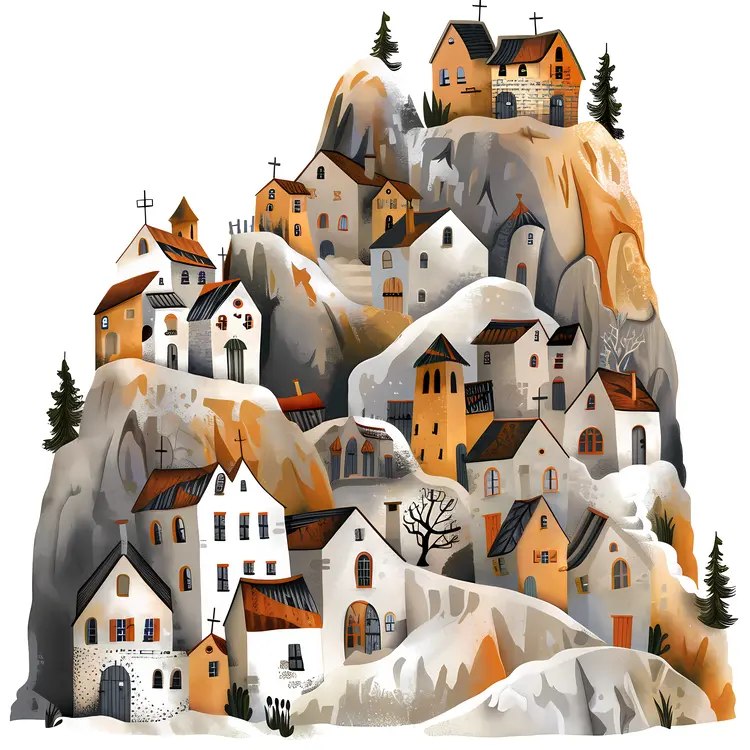 Illustrated Mountain Village with Houses