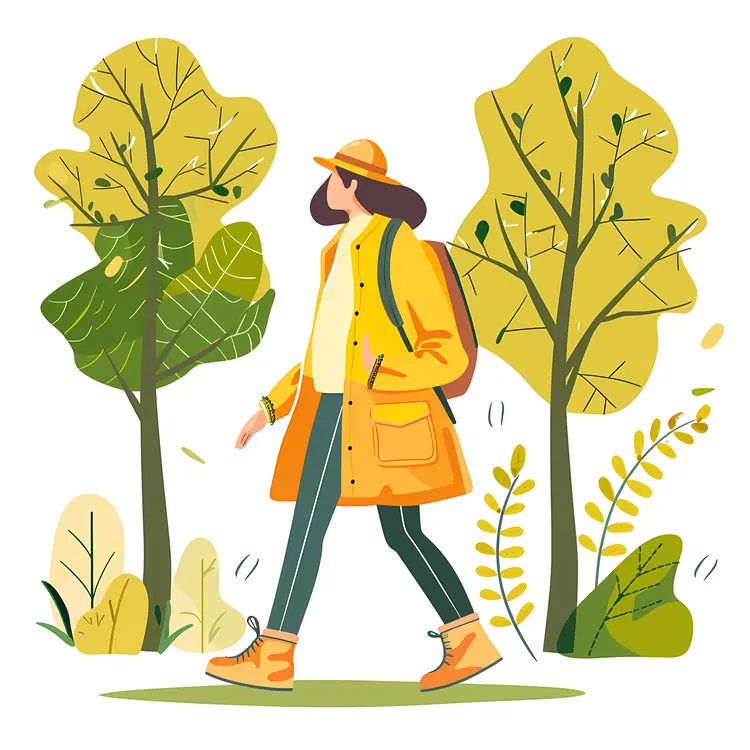 Woman Walking in Nature with Yellow Coat